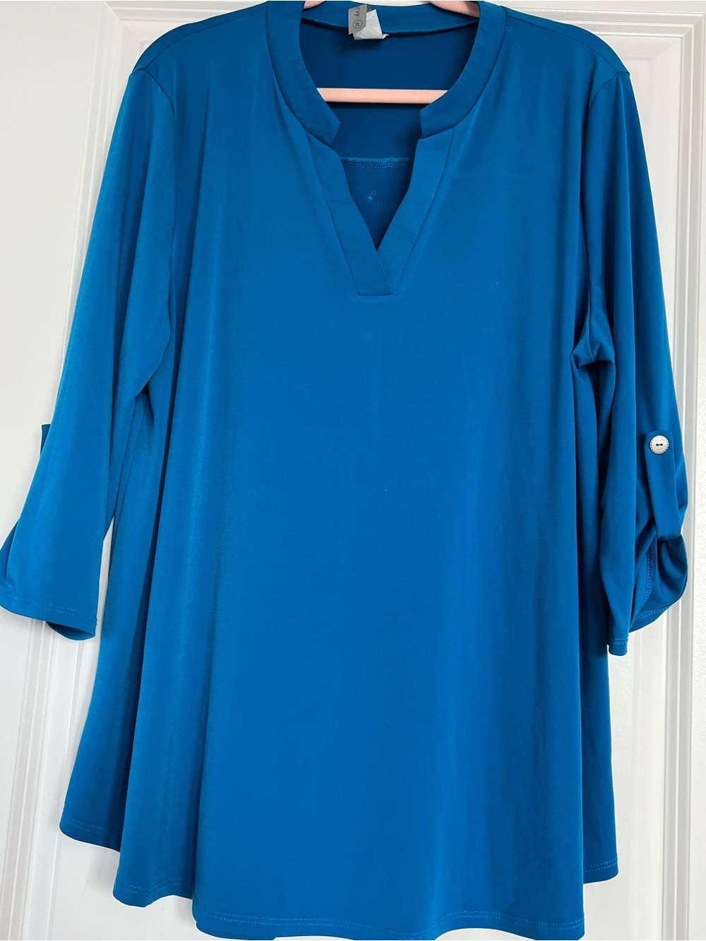 Honeyme Curvy Relaxed Blue Tunic with Notch V-Neck with Back Button Detail